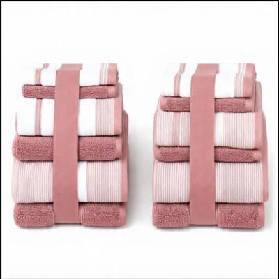Plazatex - Two Tone Zero Twist 100% Cotton Soft & Absorbent 12 Piece Bathroom Towel Set - Rose Plazatex - Two Tone Zero Twist 100% Cotton Soft & Absorbent 12 Piece Bathroom Towel Set - Rose