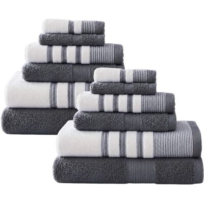 Plazatex - Two Tone Zero Twist 100% Cotton Soft & Absorbent 12 Piece Bathroom Towel Set - Gray Plazatex - Two Tone Zero Twist 100% Cotton Soft & Absorbent 12 Piece Bathroom Towel Set - Gray