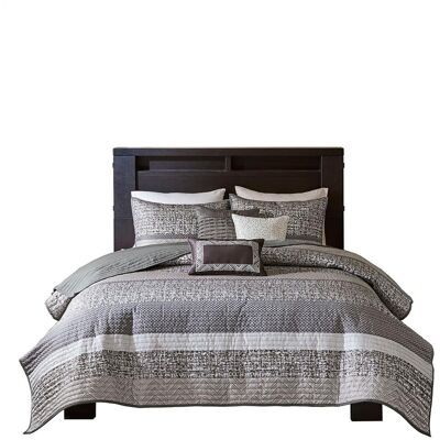 Gracie Mills - Hickman 6 Piece Striped Reversible Jacquard Quilt Set with Throw Pillows - Grey/Taupe Gracie Mills - Hickman 6 Piece Striped Reversible Jacquard Quilt Set with Throw Pillows - Grey/Taupe