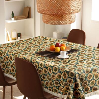 Oumilen - 59x59in Square Sunflower Tablecloth with White Fringe – Farmhouse Floral Print for Kitchen Party Decor - Multicolor Oumilen - 59x59in Square Sunflower Tablecloth with White Fringe – Farmhouse Floral Print for Kitchen Party Decor - Multicolor