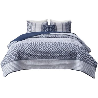 Gracie Mills - Theodore 4-Piece Reversible Jacquard Quilt Set with Throw Pillow - Navy Gracie Mills - Theodore 4-Piece Reversible Jacquard Quilt Set with Throw Pillow - Navy