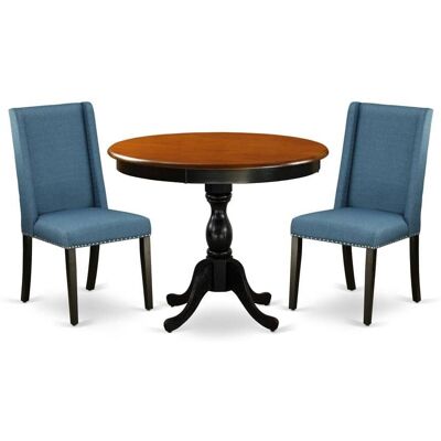 East West Furniture - 3-Pc Dinning Room Set Includes a Wood Kitchen Table and 2 Blue Linen Fabric Dinning Chairs with - Multi-Color East West Furniture - 3-Pc Dinning Room Set Includes a Wood Kitchen Table and 2 Blue Linen Fabric Dinning Chairs with - Multi-Color