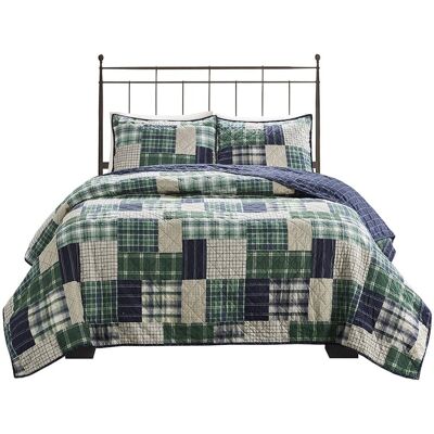 Gracie Mills - Otha 3 Peice Plaid Reversible Quilt Set - Green / Navy Gracie Mills - Otha 3 Peice Plaid Reversible Quilt Set - Green / Navy