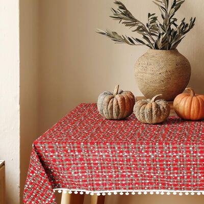 Oumilen - 59x102.3in Rectangle Christmas Red Plaid Tablecloth with White Pom Pom Fringe – Winter Snowflake for Holiday Decor - Multicolor Oumilen - 59x102.3in Rectangle Christmas Red Plaid Tablecloth with White Pom Pom Fringe – Winter Snowflake for Holiday Decor - Multicolor
