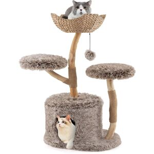 Costway - Solid Wood Cat Tree with Well-woven Cattail Basket Luxury Condo Scratching Posts - Brown Costway - Solid Wood Cat Tree with Well-woven Cattail Basket Luxury Condo Scratching Posts - Brown