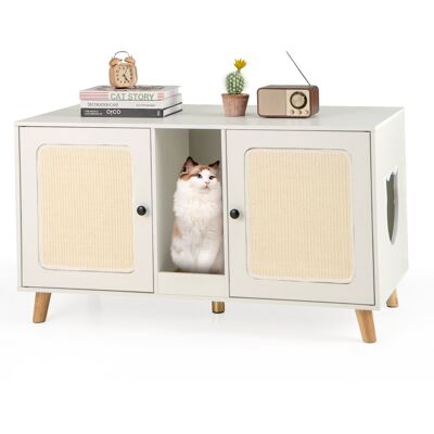 Gymax - 43'' Cat Litter Box Enclosure for 2 Cats w/ Double Rooms 2 Sisal Scratching Mats - White Gymax - 43'' Cat Litter Box Enclosure for 2 Cats w/ Double Rooms 2 Sisal Scratching Mats - White