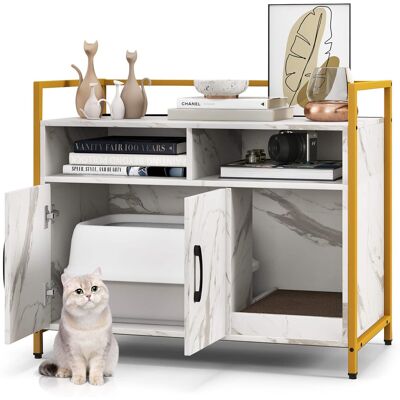 Gymax - Large Litter Box Enclosure Cat Wooden Storage Cabinet with 2 Doors - Marble White Gymax - Large Litter Box Enclosure Cat Wooden Storage Cabinet with 2 Doors - Marble White