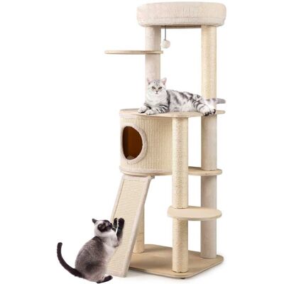 Gymax - 56'' Tall Cat Tree Wooden Kitten Tower w/Sisal Scratching Posts & Mat & Ladder Gymax - 56'' Tall Cat Tree Wooden Kitten Tower w/Sisal Scratching Posts & Mat & Ladder