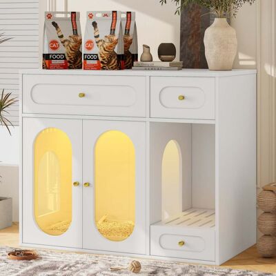 Whisen - Cat Litter Box Enclosure, Hidden Litter Box Furniture with LED Light & Drawers, MDF & Acrylic Pet House - White Whisen - Cat Litter Box Enclosure, Hidden Litter Box Furniture with LED Light & Drawers, MDF & Acrylic Pet House - White