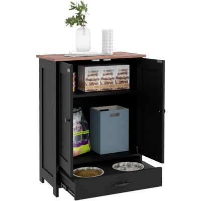 Pawhut - Dog Food Storage Cabinet, Dog Feeding Station with 2 Bowls, Adjustable Panel, Hook, Medium Sized Dogs - Black Pawhut - Dog Food Storage Cabinet, Dog Feeding Station with 2 Bowls, Adjustable Panel, Hook, Medium Sized Dogs - Black