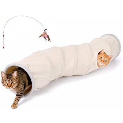 Ownpets - 48" Long Collapsible Cat Tunnel with Plush Ball & Feather Toy - Khaki Ownpets - 48" Long Collapsible Cat Tunnel with Plush Ball & Feather Toy - Khaki