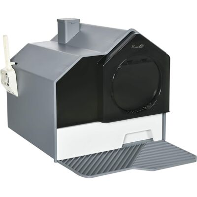 Pawhut - Hooded Cat Litter Box with Mat, Pan, Odor Control, Easy-Clean Pull-Out Drawer, Handle, Scoop - Gray Pawhut - Hooded Cat Litter Box with Mat, Pan, Odor Control, Easy-Clean Pull-Out Drawer, Handle, Scoop - Gray