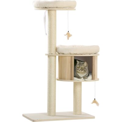 Pawhut - Cat Tree, 3 Level Cat Tower with Scratching Posts, Bed, Condo, Badminton Toys, for Multiple Kittens - Natural Pawhut - Cat Tree, 3 Level Cat Tower with Scratching Posts, Bed, Condo, Badminton Toys, for Multiple Kittens - Natural