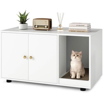 Costway - Wooden Cat Litter Box Enclosure, Hidden Litter Box Furniture with Scratching Board - White Costway - Wooden Cat Litter Box Enclosure, Hidden Litter Box Furniture with Scratching Board - White