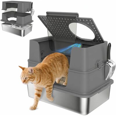 Pawhut - Stainless Steel Litter Box w/ 100° Flip Top, Scoop - Dark Gray Pawhut - Stainless Steel Litter Box w/ 100° Flip Top, Scoop - Dark Gray
