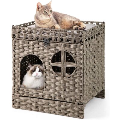Costway - Foldable 2-tier Rattan Cat Litter Box Enclosure with Litter Mat Indoor Pet House - Gray Costway - Foldable 2-tier Rattan Cat Litter Box Enclosure with Litter Mat Indoor Pet House - Gray