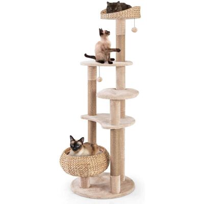Costway - 65" Cattail Cat Tower with Jute Scratching Posts Perch Basket Bed Dangling Balls - Beige,Natural Costway - 65" Cattail Cat Tower with Jute Scratching Posts Perch Basket Bed Dangling Balls - Beige,Natural