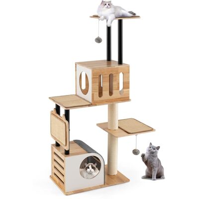 Gymax - Wood Cat Tree w/Dual Cat Condos Sturdy Metal Tubes Frame Sisal Scratching Posts Gymax - Wood Cat Tree w/Dual Cat Condos Sturdy Metal Tubes Frame Sisal Scratching Posts