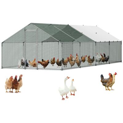 VEVOR - Large Metal Chicken Coop,9.8 x 26.2 x 6.6 ft, Walk-in Chicken Runs with Waterproof Cover, Spire Roof Hen House Enclosure - Silver VEVOR - Large Metal Chicken Coop,9.8 x 26.2 x 6.6 ft, Walk-in Chicken Runs with Waterproof Cover, Spire Roof Hen House Enclosure - Silver