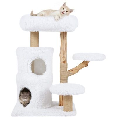 Costway - 30.5 Cat Tower with Real Solid Wood Branches, Scratching Posts, 2-storey Condo - White+Natural Costway - 30.5 Cat Tower with Real Solid Wood Branches, Scratching Posts, 2-storey Condo - White+Natural