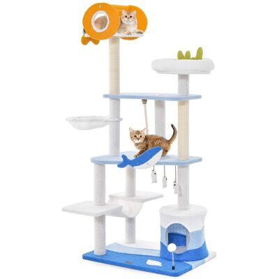 Costway - Ocean-themed Cat Tree Tower with Sisal Covered Scratching Posts Condo Perch Hammock - Blue Costway - Ocean-themed Cat Tree Tower with Sisal Covered Scratching Posts Condo Perch Hammock - Blue