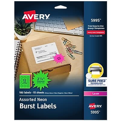 Avery - Sure Feed Laser Burst Label, 2 1/4" Dia, Assorted Neon, 180 Labels/Pack - Assorted Neon Colors Avery - Sure Feed Laser Burst Label, 2 1/4" Dia, Assorted Neon, 180 Labels/Pack - Assorted Neon Colors
