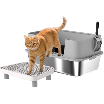 Pawhut - Stainless Steel Litter Box, Extra Large High Sided w/Scoop, Pedal, Anti-Urine Leakage, Non-Sticky, Easy Cleaning - Gray Pawhut - Stainless Steel Litter Box, Extra Large High Sided w/Scoop, Pedal, Anti-Urine Leakage, Non-Sticky, Easy Cleaning - Gray