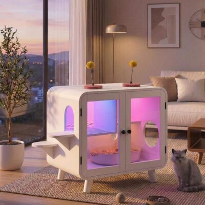 Whisen - Cat Litter Box Enclosure, TV-Style Cat House, Glass Doors, RGB LED Lighting & Litter Leak Walkway - White Whisen - Cat Litter Box Enclosure, TV-Style Cat House, Glass Doors, RGB LED Lighting & Litter Leak Walkway - White