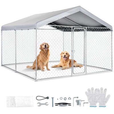VEVOR - Outdoor Dog Kennel, 9.84 x 9.84 x 7.05 ft Large Dog Kennel with Secure Lock, Outside Dogs Enclosures with UV-Resistant - Galvanized Finish + Silver Gray VEVOR - Outdoor Dog Kennel, 9.84 x 9.84 x 7.05 ft Large Dog Kennel with Secure Lock, Outside Dogs Enclosures with UV-Resistant - Galvanized Finish + Silver Gray