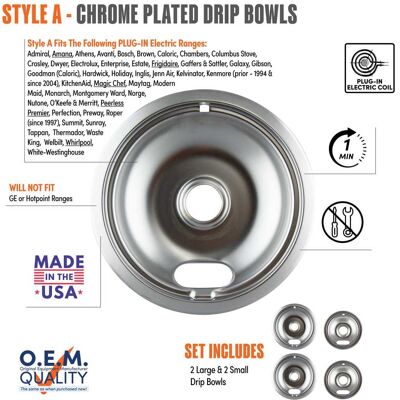 Range Kleen - 12564XH Style A 4pk Economy Chrome Plated Drip Bowls, 2 Large and 2 Small Range Kleen - 12564XH Style A 4pk Economy Chrome Plated Drip Bowls, 2 Large and 2 Small