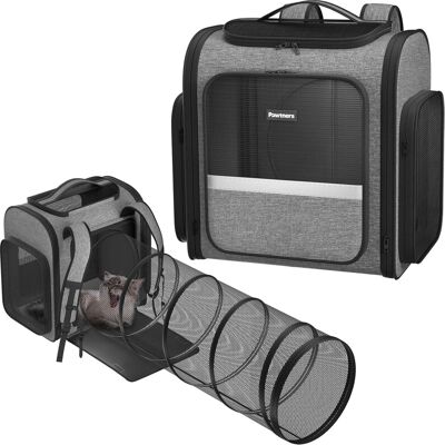 Pawtners - Cat Carrier Backpack with Tunnel, Mesh & Linen, for Cats & Small Dogs, Travel Bag for Hiking & Camping - Gray Pawtners - Cat Carrier Backpack with Tunnel, Mesh & Linen, for Cats & Small Dogs, Travel Bag for Hiking & Camping - Gray