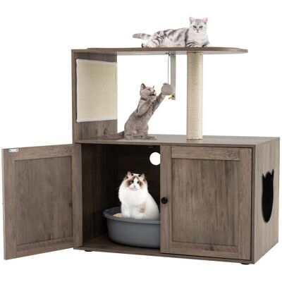 Gymax - 34.5'' Tall Wooden Cat Tower w/ Sisal Scratching Post & Mat Litter Box Enclosure - GYM18076 Gymax - 34.5'' Tall Wooden Cat Tower w/ Sisal Scratching Post & Mat Litter Box Enclosure - GYM18076