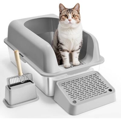VEVOR - Cat Litter Box, 6 inches Deep, XL Extra Large Stainless Steel Cat Litter Box with Scoop - Light Gray VEVOR - Cat Litter Box, 6 inches Deep, XL Extra Large Stainless Steel Cat Litter Box with Scoop - Light Gray