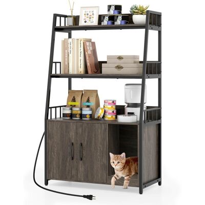 Costway - Cat Litter Box Enclosure with Storage Shelves with Scratching Pad, Charging Station - Gray Costway - Cat Litter Box Enclosure with Storage Shelves with Scratching Pad, Charging Station - Gray