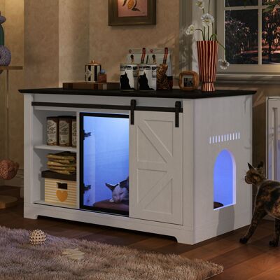 Whisen - 46" Farmhouse Cat Litter Box Enclosure, Hidden Cat Cabinet with Sliding Barn Door, LED Light, Storage - White Whisen - 46" Farmhouse Cat Litter Box Enclosure, Hidden Cat Cabinet with Sliding Barn Door, LED Light, Storage - White