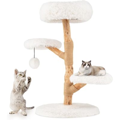 Costway - Cat Tree with Perch, Natural Jute Scratching Posts, Dangling Ball, Soft Long Plush - Natural & White Costway - Cat Tree with Perch, Natural Jute Scratching Posts, Dangling Ball, Soft Long Plush - Natural & White