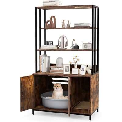 Gymax - 61'' Cat Litter Box Enclosure w/ Storage 3-tier Shelves Side Entrance Rustic Brown & Black - Rustic Brown, Black Gymax - 61'' Cat Litter Box Enclosure w/ Storage 3-tier Shelves Side Entrance Rustic Brown & Black - Rustic Brown, Black