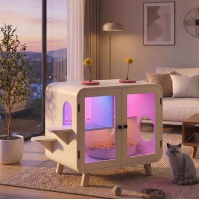 Whisen - Cat Litter Box Enclosure, TV-Style Cat House, Glass Doors, RGB LED Lighting & Litter Leak Walkway - Beige Whisen - Cat Litter Box Enclosure, TV-Style Cat House, Glass Doors, RGB LED Lighting & Litter Leak Walkway - Beige