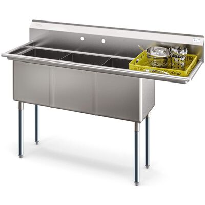 Koolmore - 63 in Three Compartment Sink, Bowl Size 15x15x14, 18-Gauge Stainless-Steel with Right Drainboard - Stainless Steel Koolmore - 63 in Three Compartment Sink, Bowl Size 15x15x14, 18-Gauge Stainless-Steel with Right Drainboard - Stainless Steel