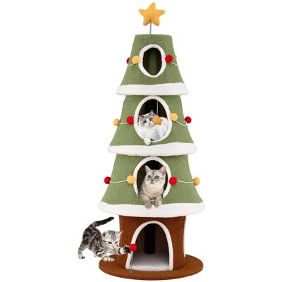 Costway - 61"Large Christmas Cat Tree with 4 Condos, Sisal Carpet, Dangling Ball, Spring Toy - Green + White + Brown Costway - 61"Large Christmas Cat Tree with 4 Condos, Sisal Carpet, Dangling Ball, Spring Toy - Green + White + Brown