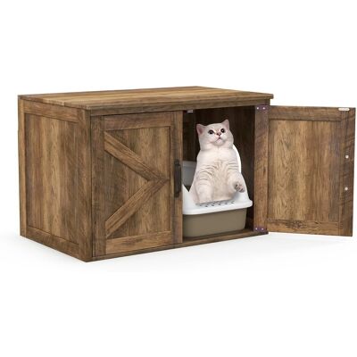 Gymax - Cat Litter Box Enclosure w/ Double Barn Doors Removable Divider Middle Entry - Oak Gymax - Cat Litter Box Enclosure w/ Double Barn Doors Removable Divider Middle Entry - Oak