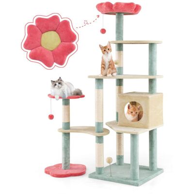 Costway - 61" Tall Cat Tree Multi-Level Aesthetic Floral Kitten Tower Indoor Cat Climbing Stand Activity Center - Beige,Blue,Red Costway - 61" Tall Cat Tree Multi-Level Aesthetic Floral Kitten Tower Indoor Cat Climbing Stand Activity Center - Beige,Blue,Red