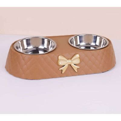 Supet - Bow Stainless Steel Cat Double Bowl - Brown Supet - Bow Stainless Steel Cat Double Bowl - Brown