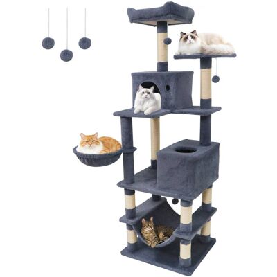 Gymax - 66'' Tall Cat Tree w/2 Condos Sisal Scratching Posts Plush Perch Hammock Basket Dark - Gray Gymax - 66'' Tall Cat Tree w/2 Condos Sisal Scratching Posts Plush Perch Hammock Basket Dark - Gray