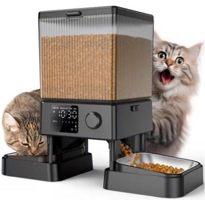Oneisall - 5L/169oz Dual Bowl Automatic Cat Feeder, Stainless Steel,Freshness Seal,Voice Record,Dual Power Supply - Black Oneisall - 5L/169oz Dual Bowl Automatic Cat Feeder, Stainless Steel,Freshness Seal,Voice Record,Dual Power Supply - Black