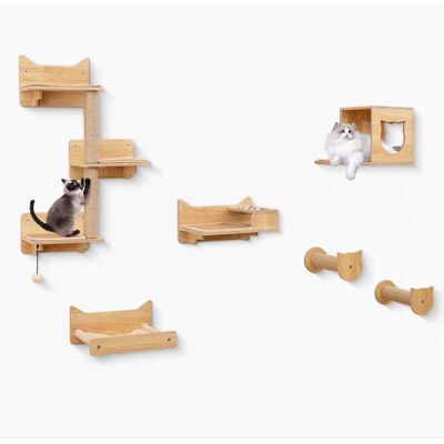 Gymax - 6PCS Wall-Mounted Cat Activity Center w/3-Tier Cat Tower Hammock 2 Bowls Indoor Gymax - 6PCS Wall-Mounted Cat Activity Center w/3-Tier Cat Tower Hammock 2 Bowls Indoor