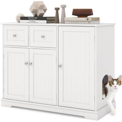 Costway - Cat Litter Box Enclosure with 2 Drawers 3 Doors Anti-Toppling Devices Storage - White Costway - Cat Litter Box Enclosure with 2 Drawers 3 Doors Anti-Toppling Devices Storage - White