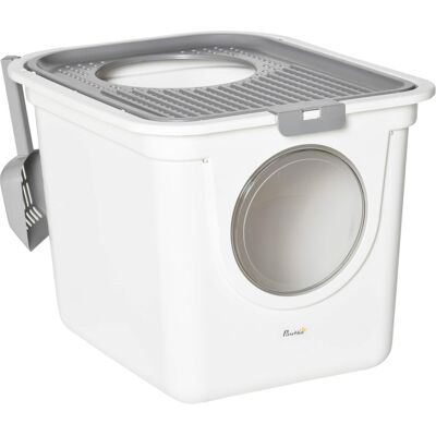 Pawhut - Cat Litter Box, Covered Kitty Litter Box, Top Exit, Scoop, Easy Cleaning Cat Toilet for Odor Control, Privacy - White Pawhut - Cat Litter Box, Covered Kitty Litter Box, Top Exit, Scoop, Easy Cleaning Cat Toilet for Odor Control, Privacy - White
