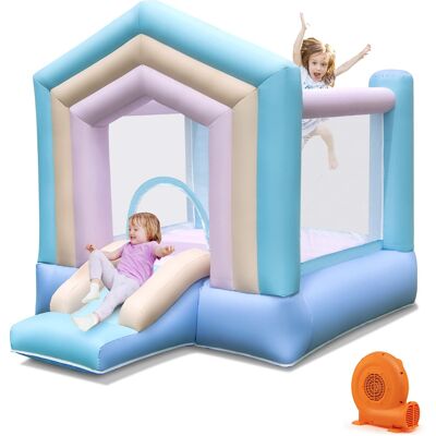 Gymax - Kids Bounce House with Slide Basketball Rim Manual Pump 380W Blower Included - Macaron Gymax - Kids Bounce House with Slide Basketball Rim Manual Pump 380W Blower Included - Macaron