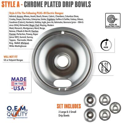 Range Kleen - 12565X Style A 5pk Economy Chrome Plated Drip Bowls, 2 Large and 3 Small Range Kleen - 12565X Style A 5pk Economy Chrome Plated Drip Bowls, 2 Large and 3 Small
